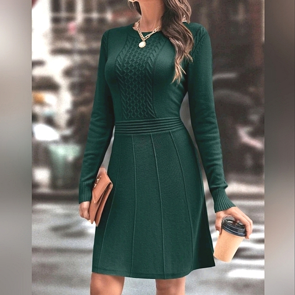 NEW Chic Cable Knit Long Sleeve Sweater Dress Dark Green - Picture 3 of 7
